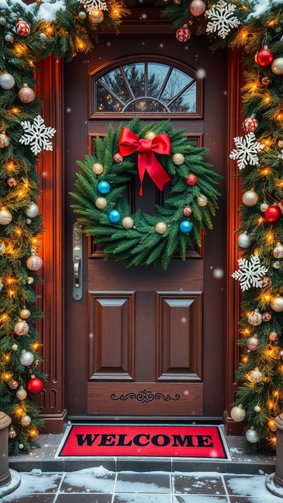 A festive Christmas door decorated with a wreath, lights, and garlands, set against a snowy backdrop.